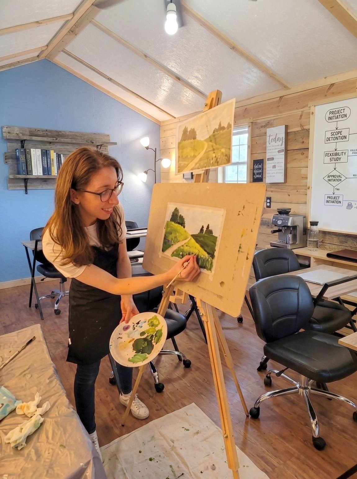 An artist painting at an easel inside the Focus Workshop at The Grayson