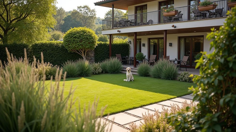 High angle view of a well-kept garden area at a pet-friendly hotel