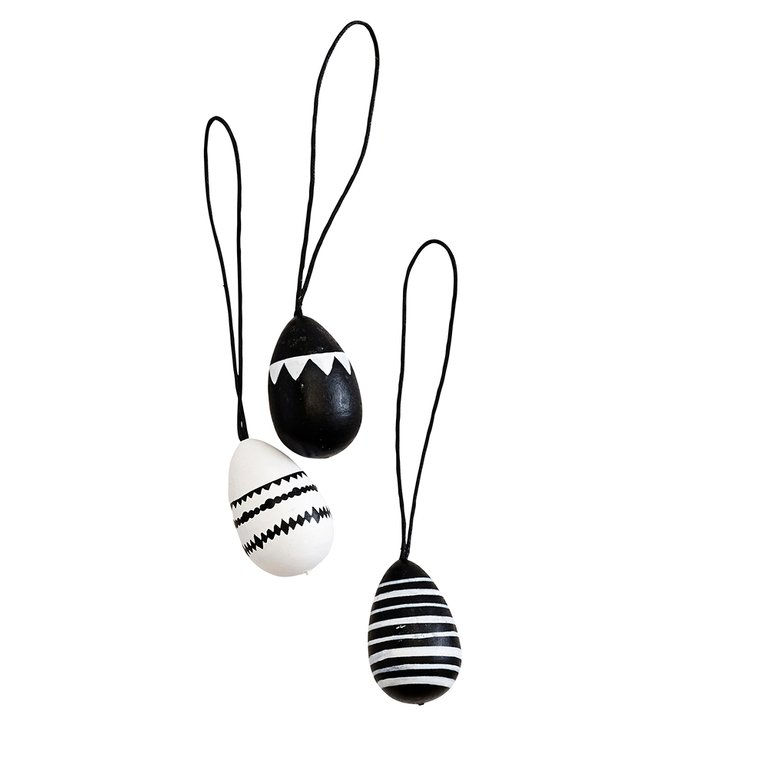 Oeufs de pâques bois motif graphique noir et blanc