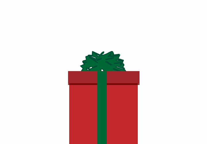 A red and green gift box with a bow opens up and confetti explodes out of it, along with the letters "SURPRISE" A cartoon person with a white beard and santa hat holding a tobacco pipe arises from the gift box and winks.