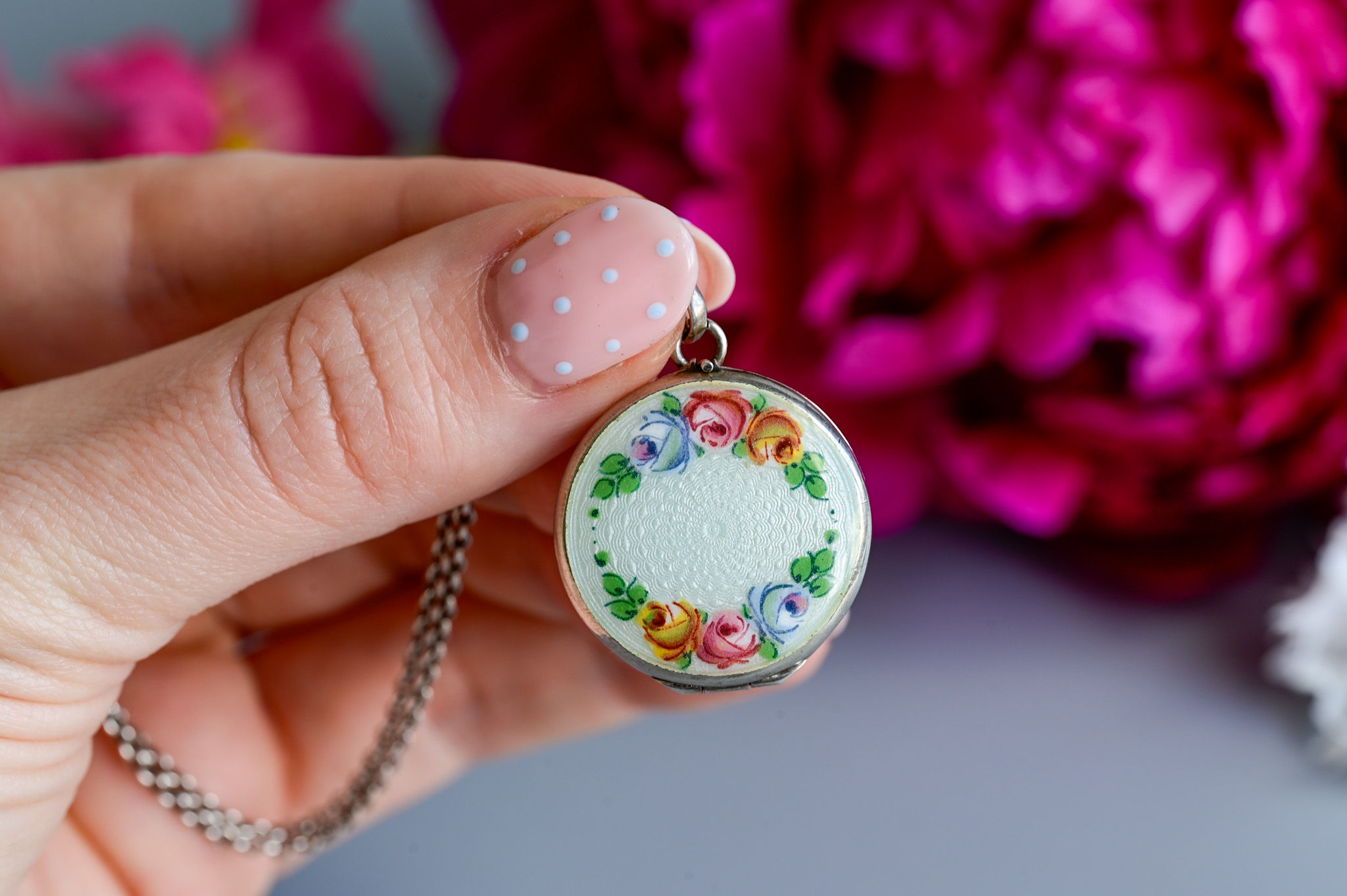 Antique Edwardian guilloche enamel floral silver locket