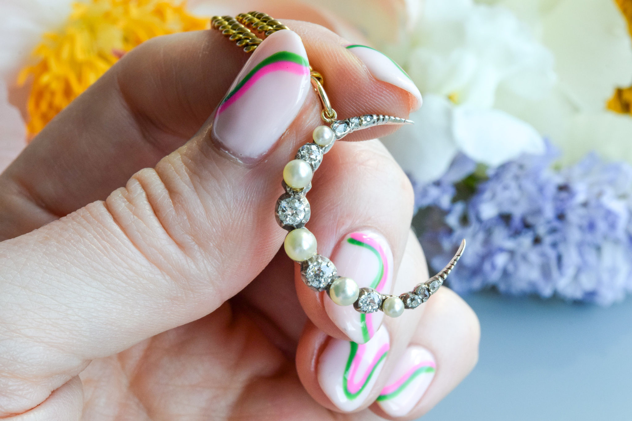 Antique Victorian old cut diamond pearl crescent moon gold and silver set