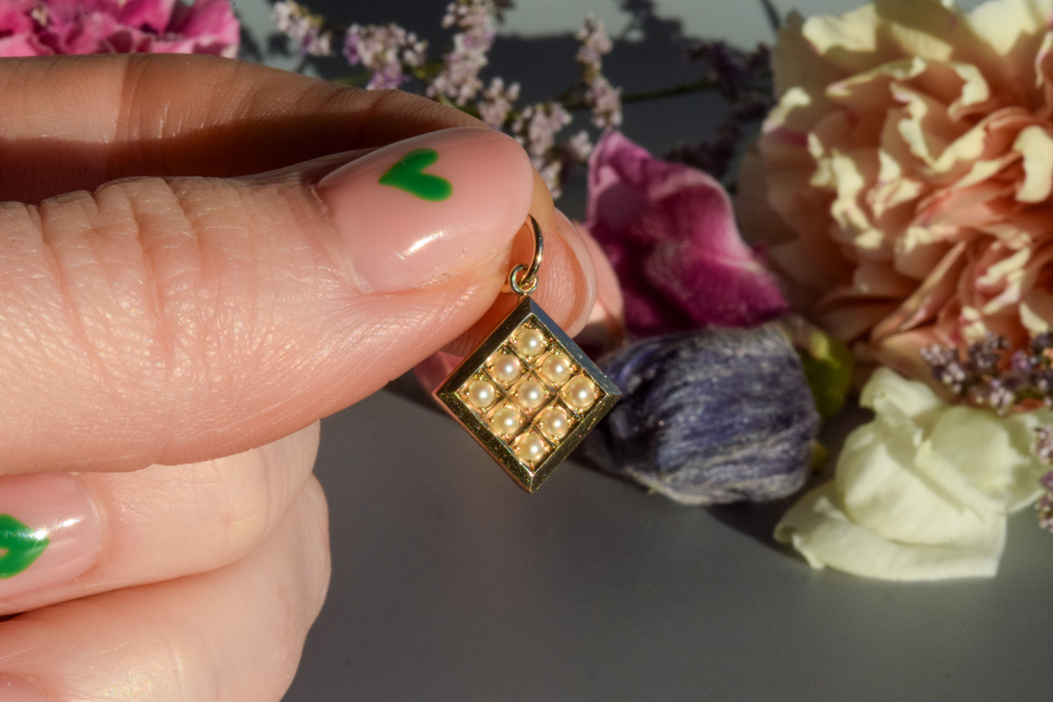 Antique Victorian pearl set diamond shaped charm pendant 9 carat gold