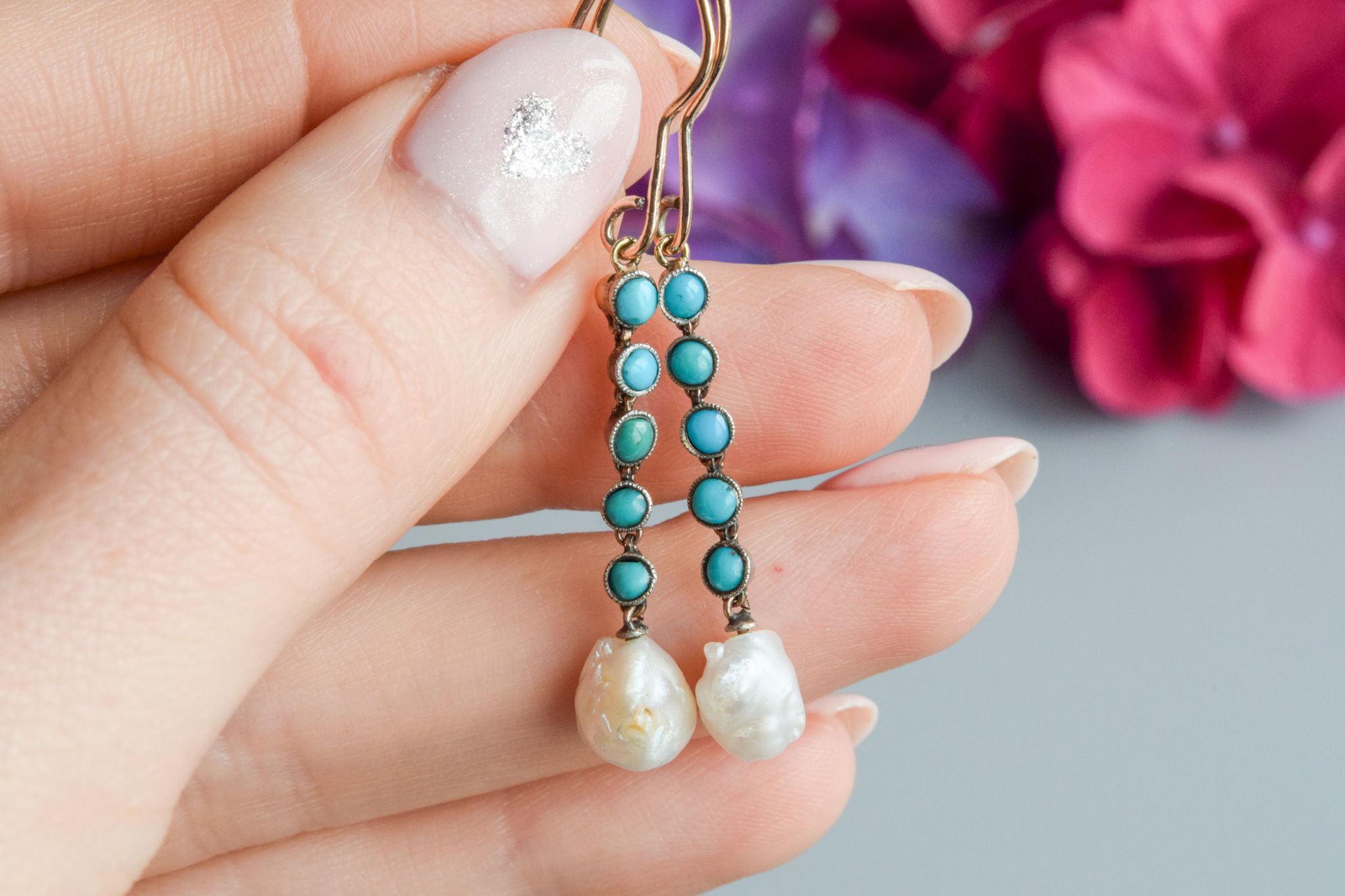 Antique victorian turquoise pearl drop earrings 9 carat gold