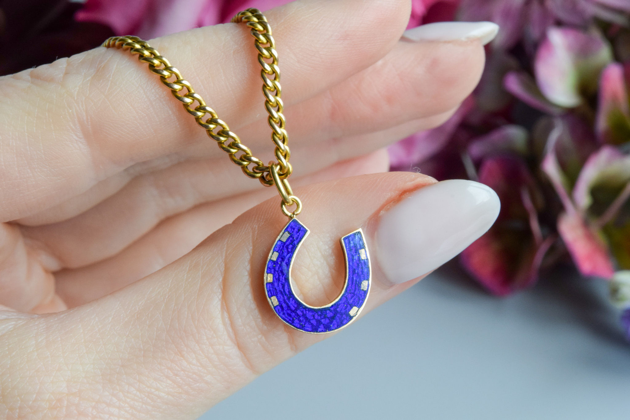 Antique Victorian blue enamel lucky horseshoe pendant 18ct gold