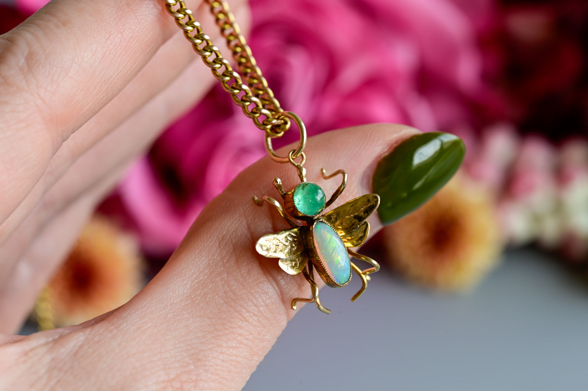 Antique Victorian opal and emerald fly pendant 9 carat gold