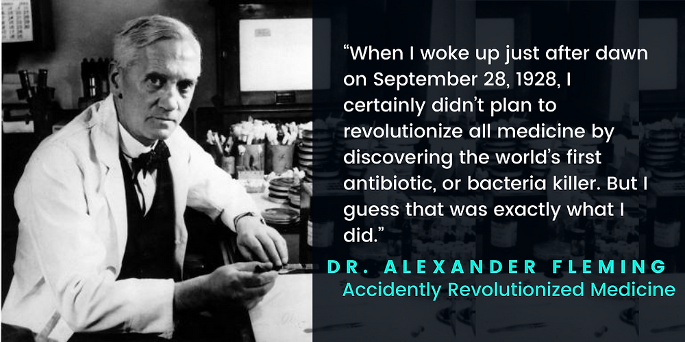 Quote by Alexander Fleming on his discovery of penicillin. The quote states: "When I woke up just after dawn on September 28, 1928, I certainly didn't plan to revolutionize all medicine by discovering the world's first antibiotic, or bacteria killer. But I guess That was exactly what I did".