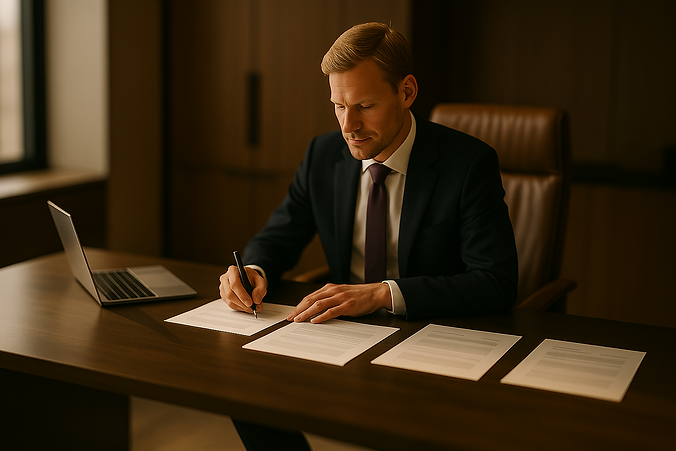 Persönlicher Assistent in elegantem Anzug beim Unterschreiben vertraulicher Dokumente in einem luxuriösen Büro. Diskretion, Organisation und höchste Professionalität im Dienste von HNWIs.