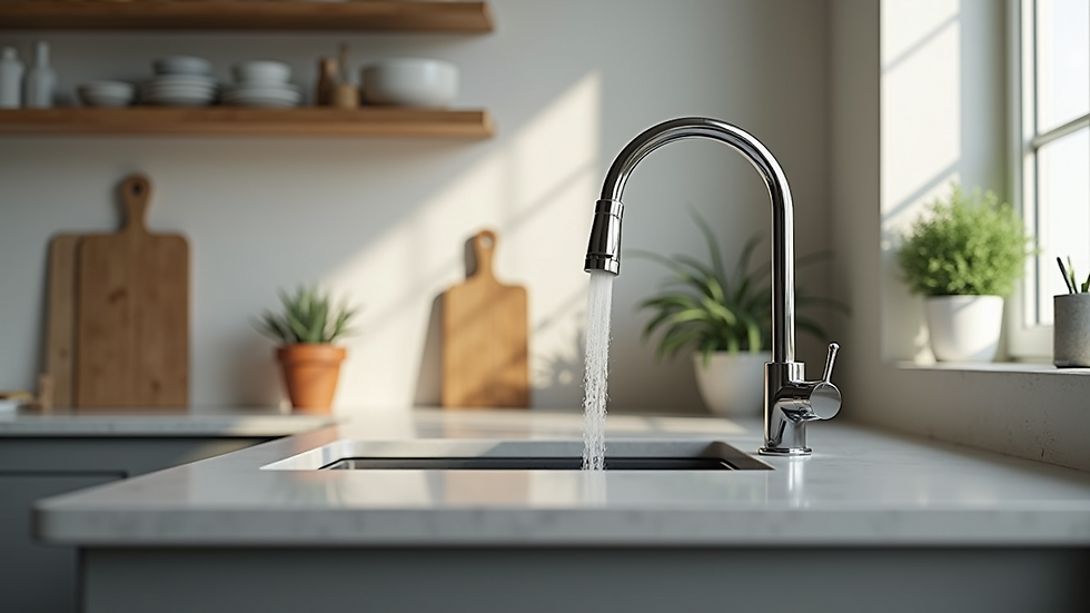 Eye-level view of a water-saving faucet installed in a modern kitchen