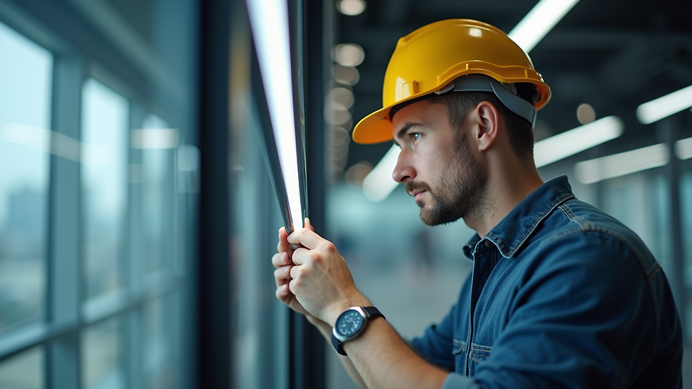 Close-up view of electrician installing energy-efficient LED lighting in a commercial building