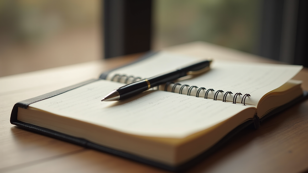 Close-up view of a journal and pen on a wooden table, symbolizing reflection and growth