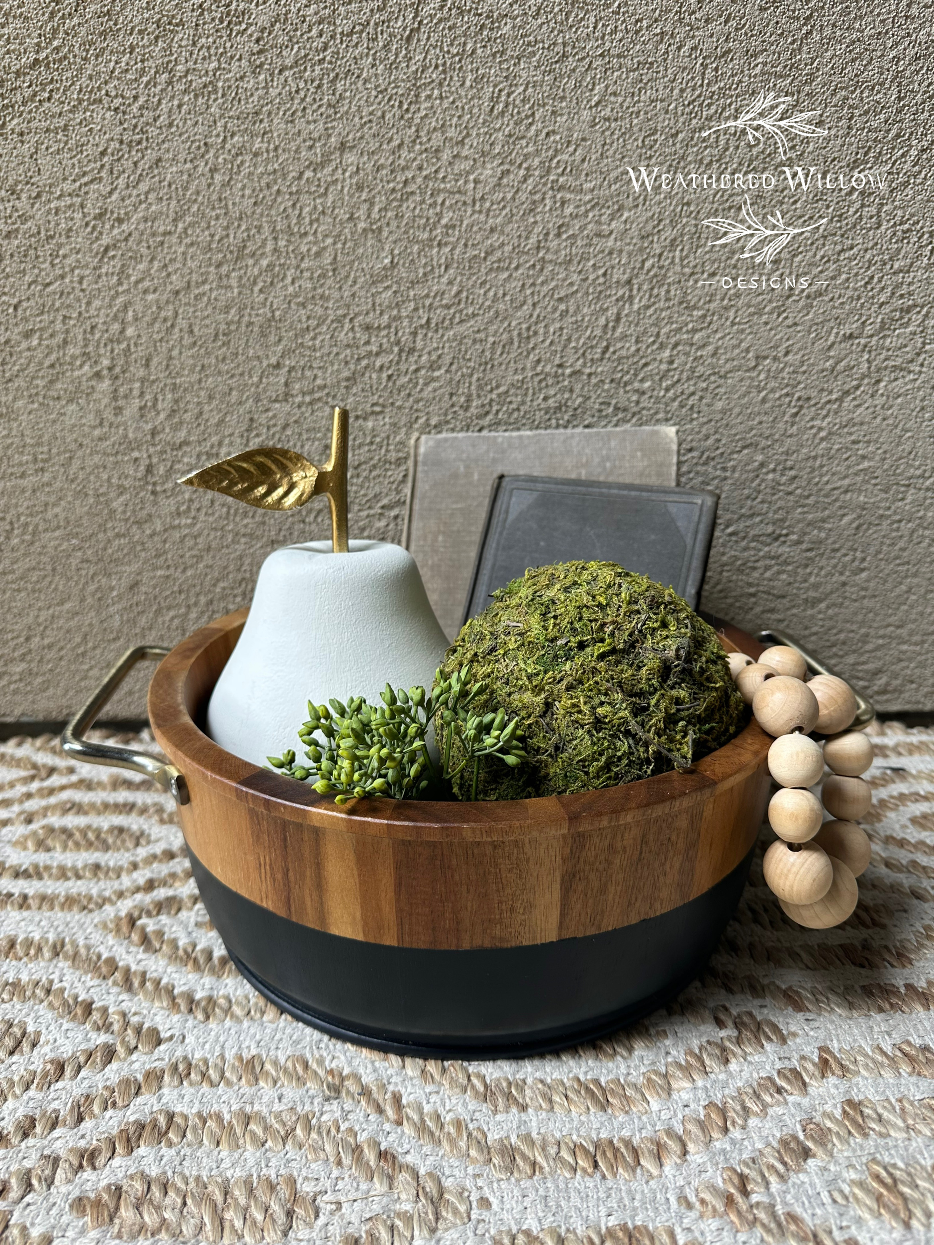 Two tone Wooden bowl with metal handles