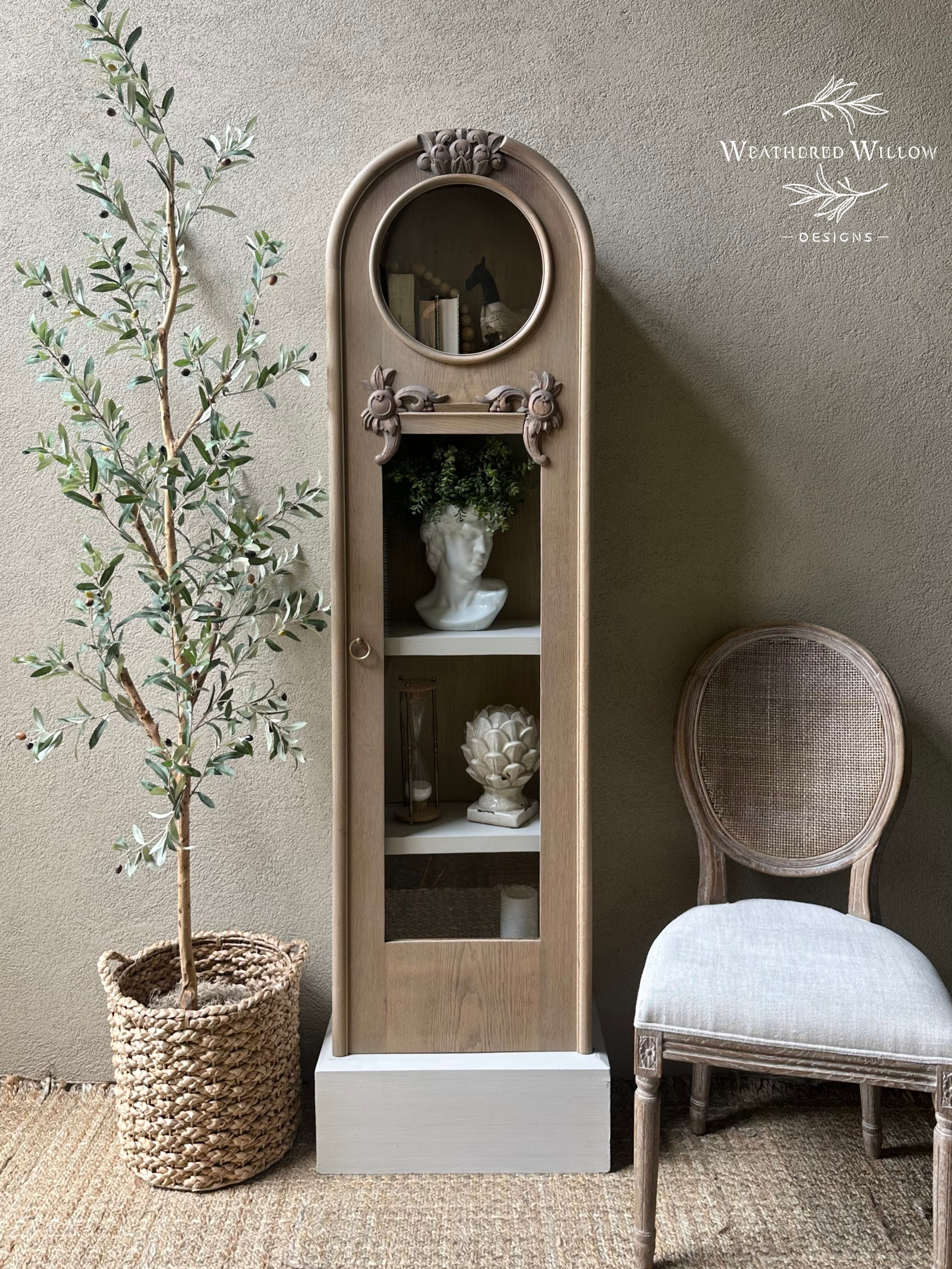 Arch top grandfather clock curio cabinet