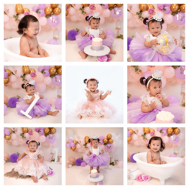 1st birthday cake smash session for adorable baby girl with a pink and purple girly floral theme