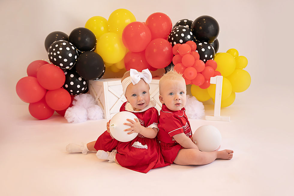 twin mickey and minnie mouse themed cake smash session