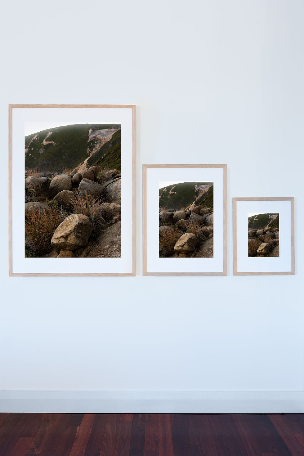 Thumbnail: Photographic print Garden, close up print of rocks and grasses. Framed in Tasmanian Oak, three sizes large, medium and small