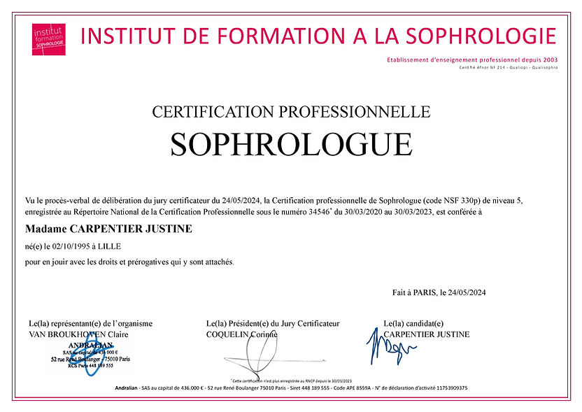 Sophrologue_Justine Carpentier_Soleil_Bien être_Diplome