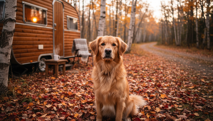 Close-up view of a dog sitting beside fallen autumn leaves near a cozy camper.