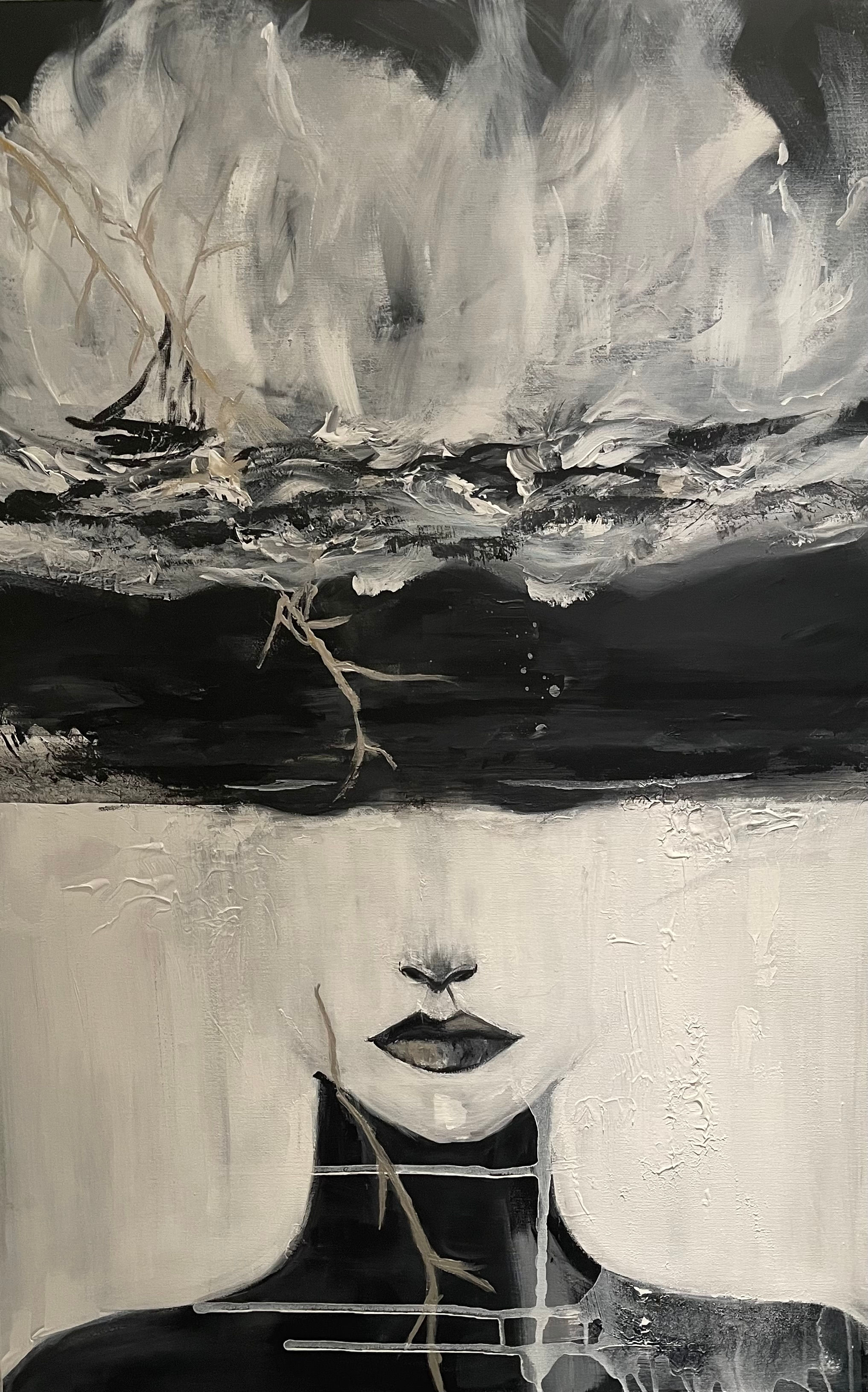 Ein hangemaltes Unikat auf Leinwand -Ariboco Kunst. Frauenkopf, Portrait - Abstraktes, schwarz-weiss Gemälde.