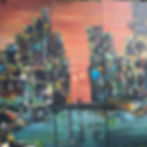 Abstraktes Gemälde mit Stadt, Wasser Luftballons und Menschen die sich lieben, Kunst Ariboco