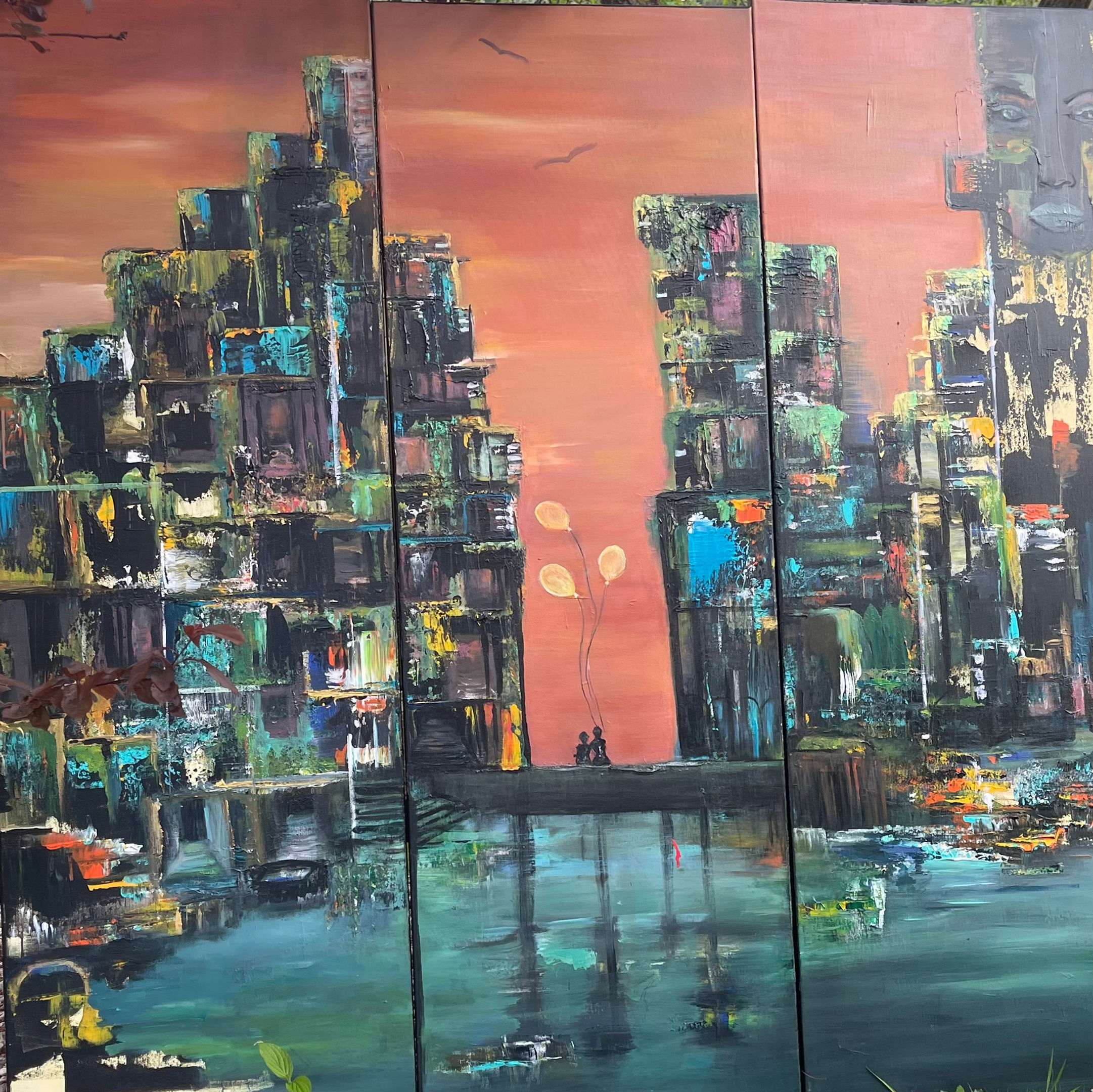Abstraktes Gemälde mit Stadt, Wasser Luftballons und Menschen die sich lieben, Kunst Ariboco