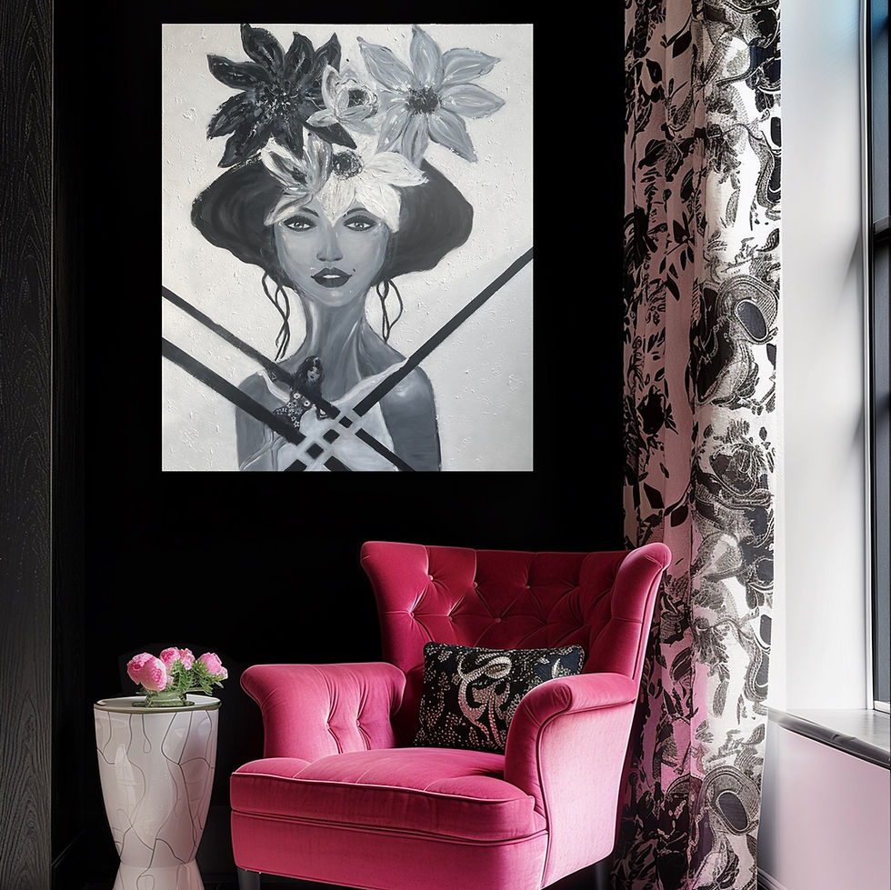 Ein Acrylgemälde der Künstlerin Ariboco,das eine schwarz-weiße Frauenfigur mit einem Blumenkopfputz zeigt, hängt in einem mod