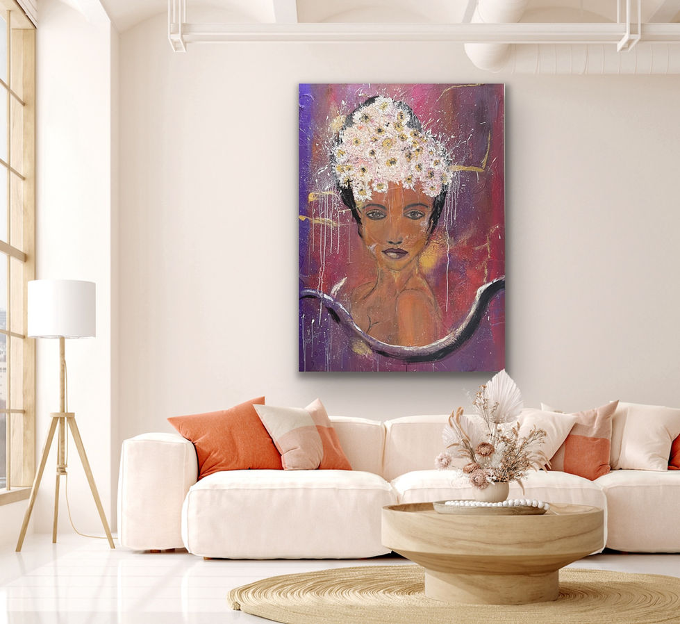 „Oh, la la!“ von Ariboco, Ariane Bolt-Giuoco. Ausdrucksstarkes Frauenporträt mit intensivem Blick und opulentem, blumengeschm