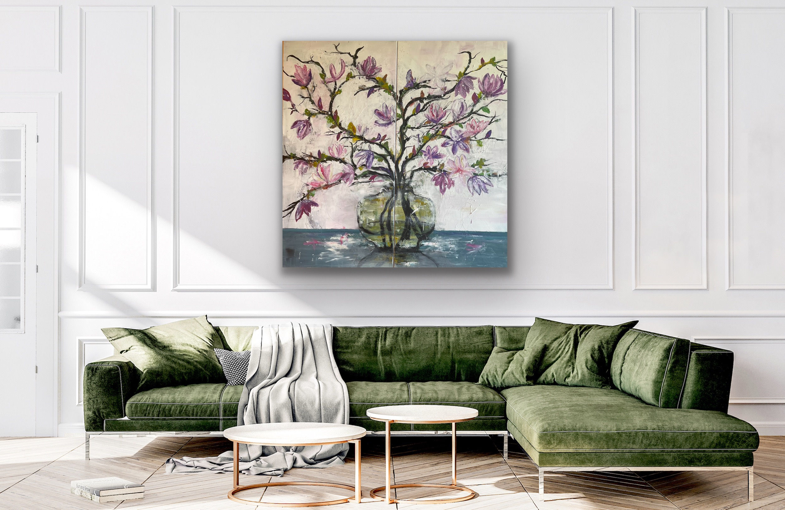 Ein hangemaltes Unikat auf Leinwand -Ariboco Kunst. Magnolien, Vase. Abstraktes Gemälde zum Träumen.