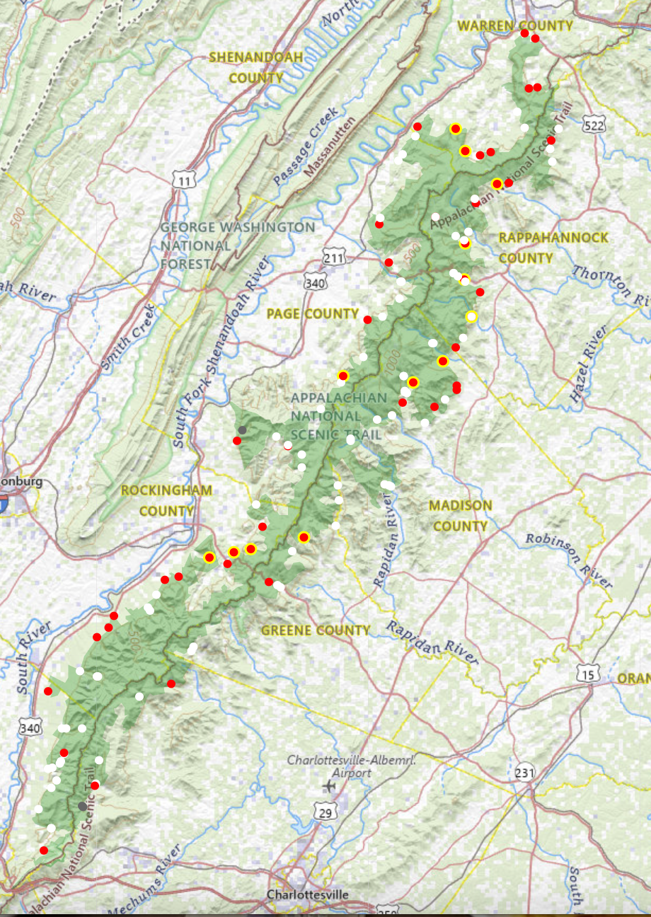 white dots = existence of brook trout / red dots = absence of brook trout
