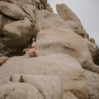 Outdoor boudoir experience with a client posed naturally on rock