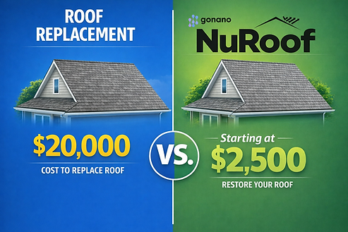 Cost comparison showing traditional roof replacement at $20,000 versus GoNano NuRoof roof restoration starting at $2,500.