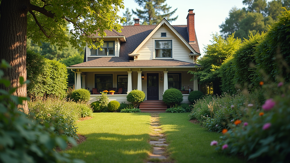Eye-level view of a cozy home with a well-maintained garden
