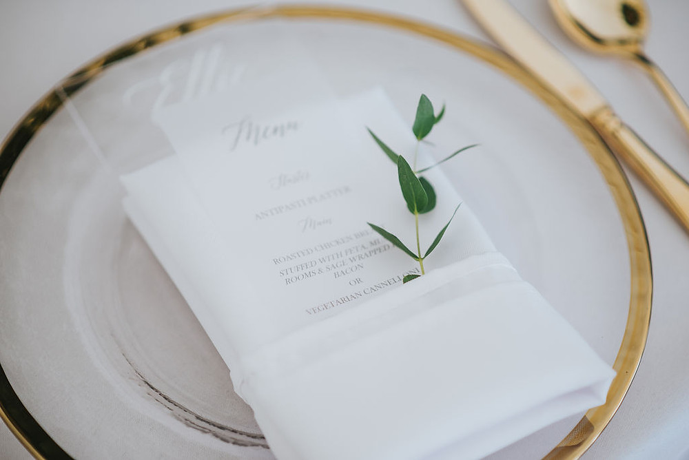 Acrylic Place Names Acrylic Menu Acrylic Wedding Stationery on Gold Rim Charger Plates