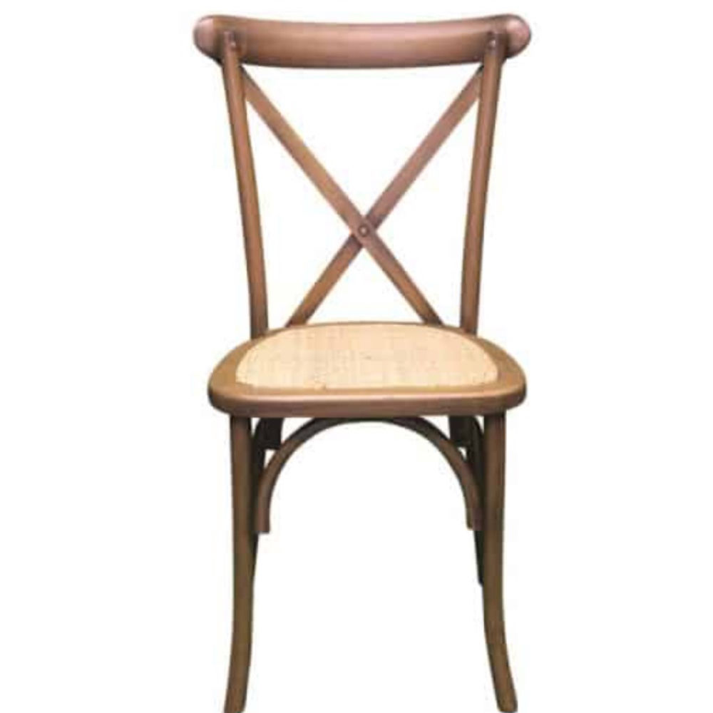 Mid brown cross back chair with rattan seat pad for hire