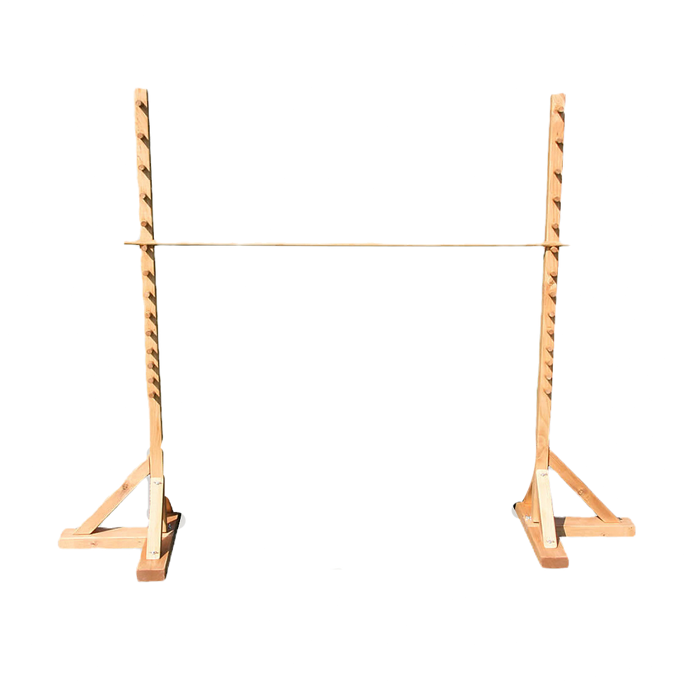 Wooden Limbo set with two upright wooden poles with pegs and a cross bar