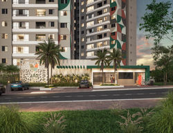 Fachada moderna, com grafismo que se integra ao Parque Cascavel