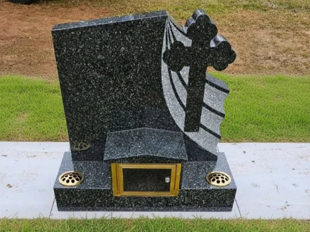 Black granite headstone with cross and gold accents.