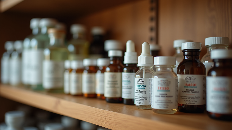 Eye-level view of a variety of homeopathic remedies displayed on a wooden shelf