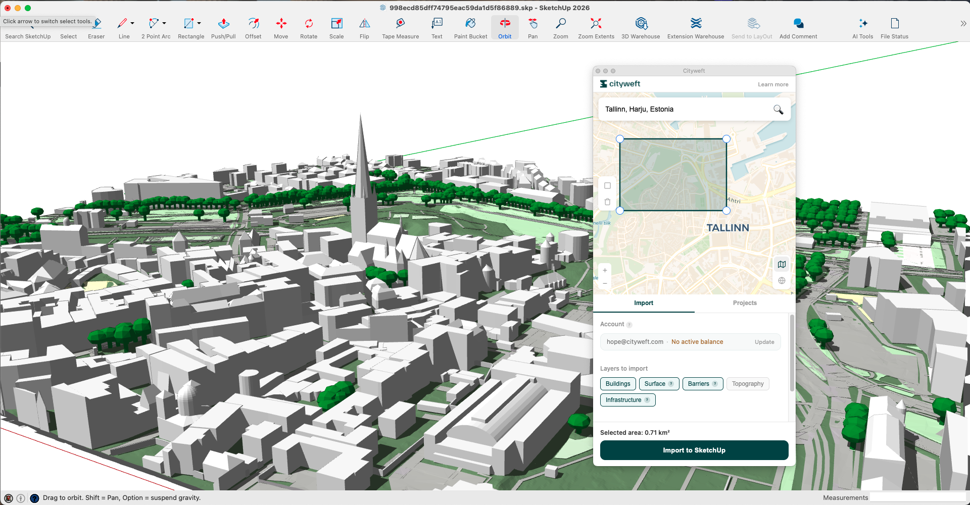 3D city model in SketchUp showing Tallinn. Tall grey buildings, green trees. Sketchup plugin for Architecture