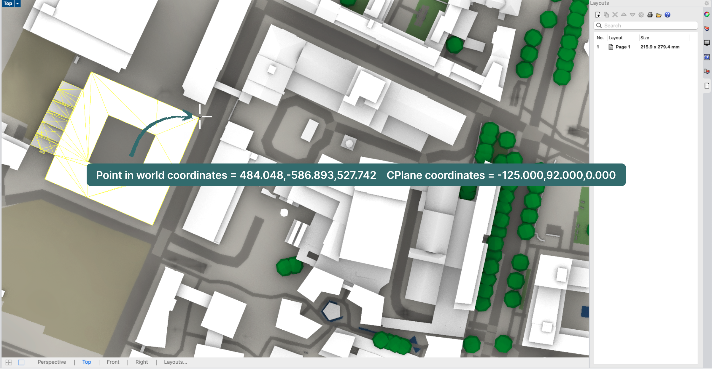 A cityweft model in Rhino, with a spot coordinate tag showing geolocation