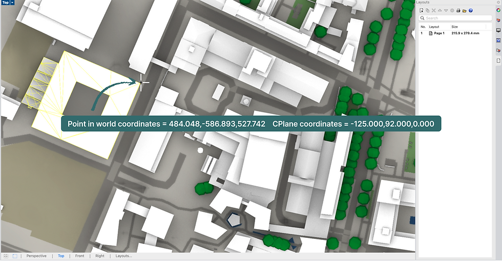 A cityweft model in Rhino, with a spot coordinate tag showing geolocation