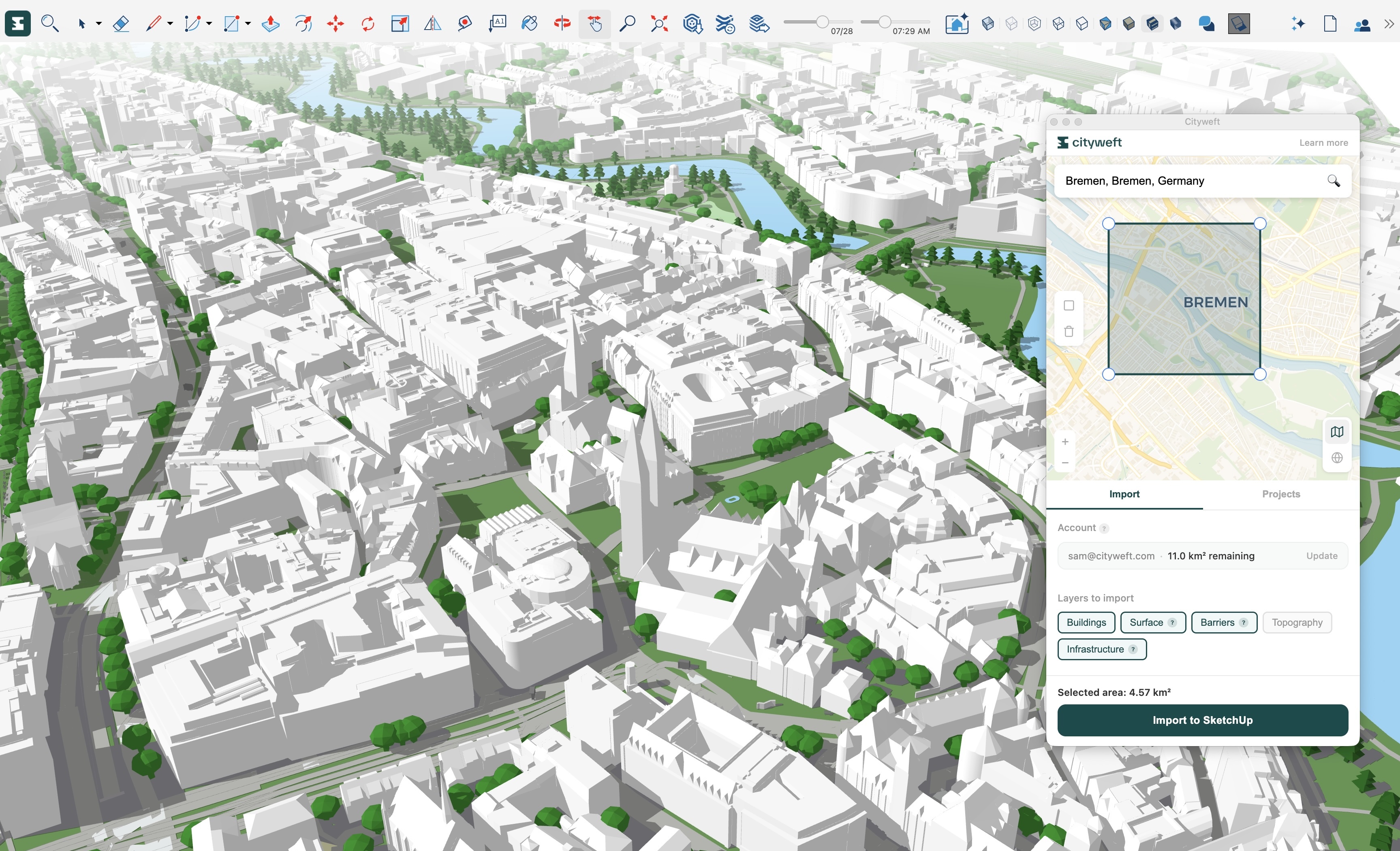 Sketchup model of Bremen, Germany using the cityweft plugin