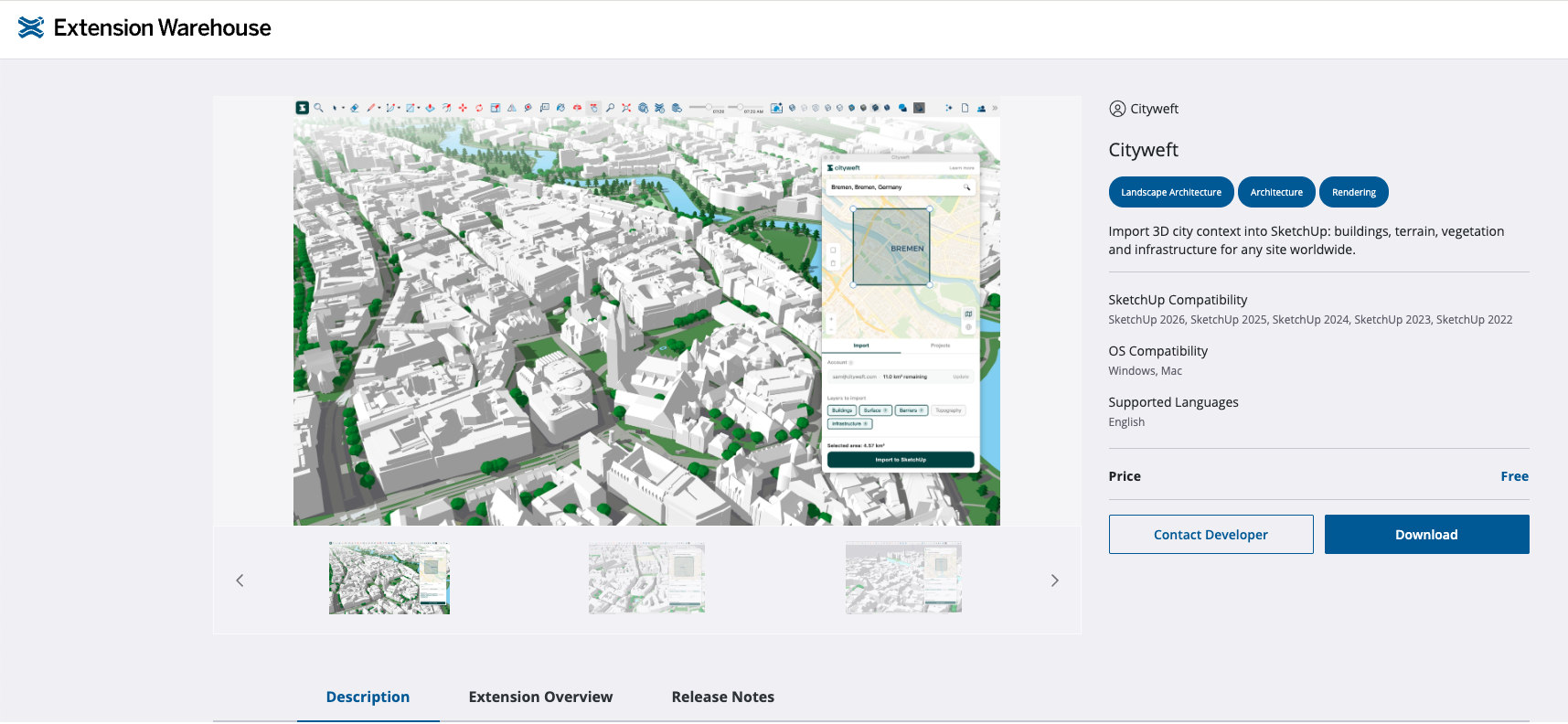 the Sketchup Extension warehouse, showing the Cityweft plugin