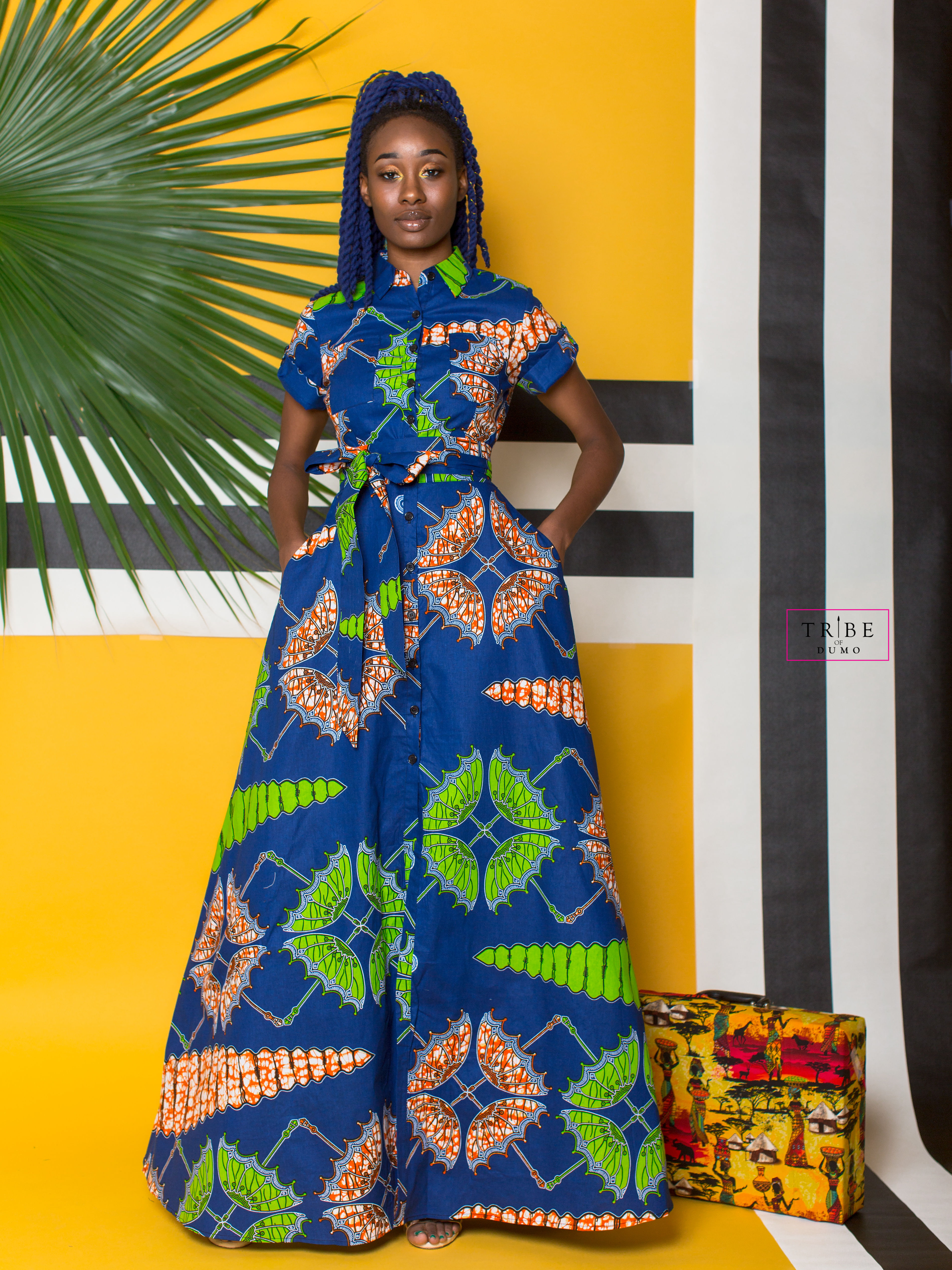 Adaku Button Down Maxi Shirt Dress - Blue & Green