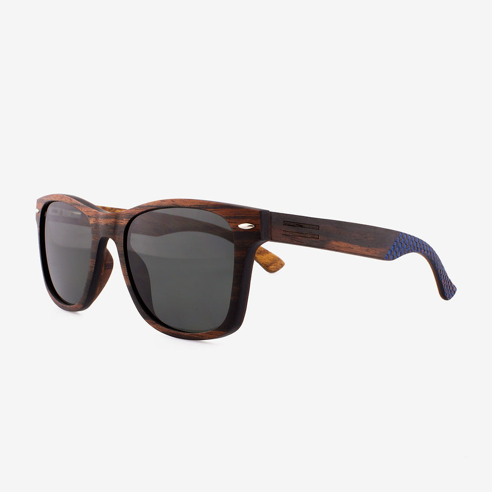 Thumbnail: Wooden sunglasses with dark lenses and blue tips