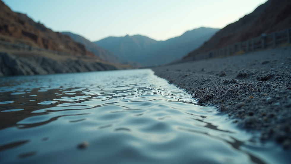 Eye-level view of a tailings dam with water and sediment layers