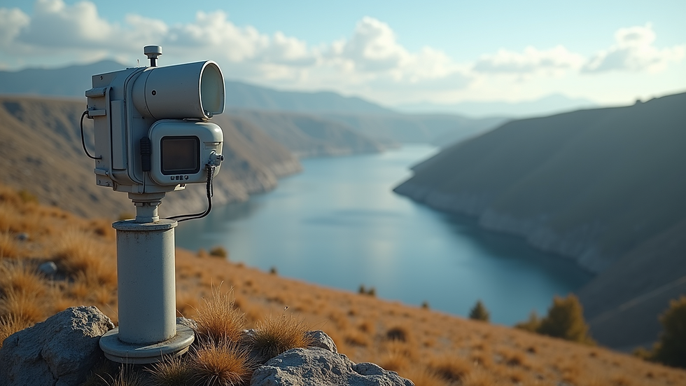 Eye-level view of a monitoring station with sensors near a tailings dam