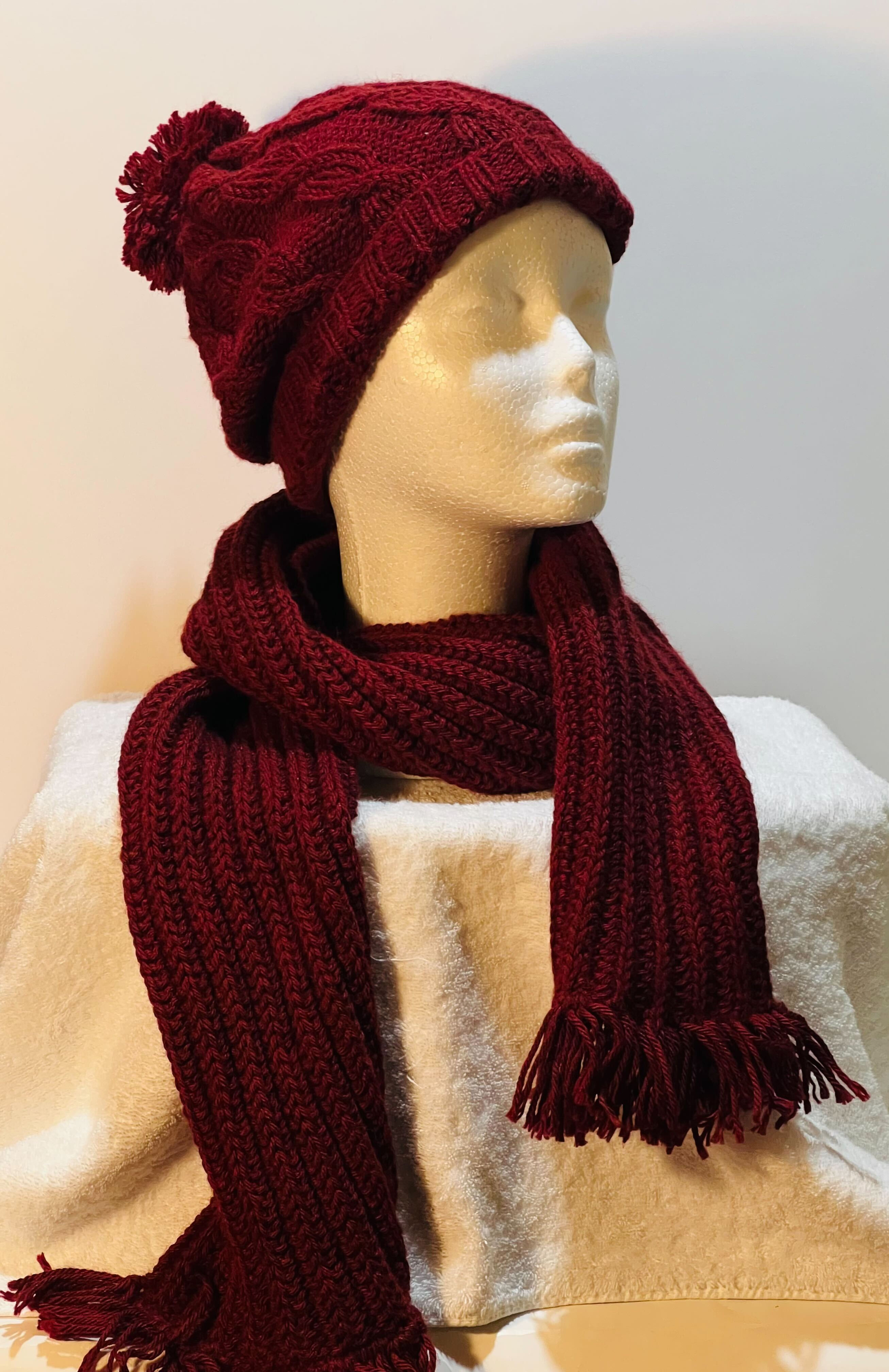 Handcrafted Burgundy Cap & Scarf Knit Set