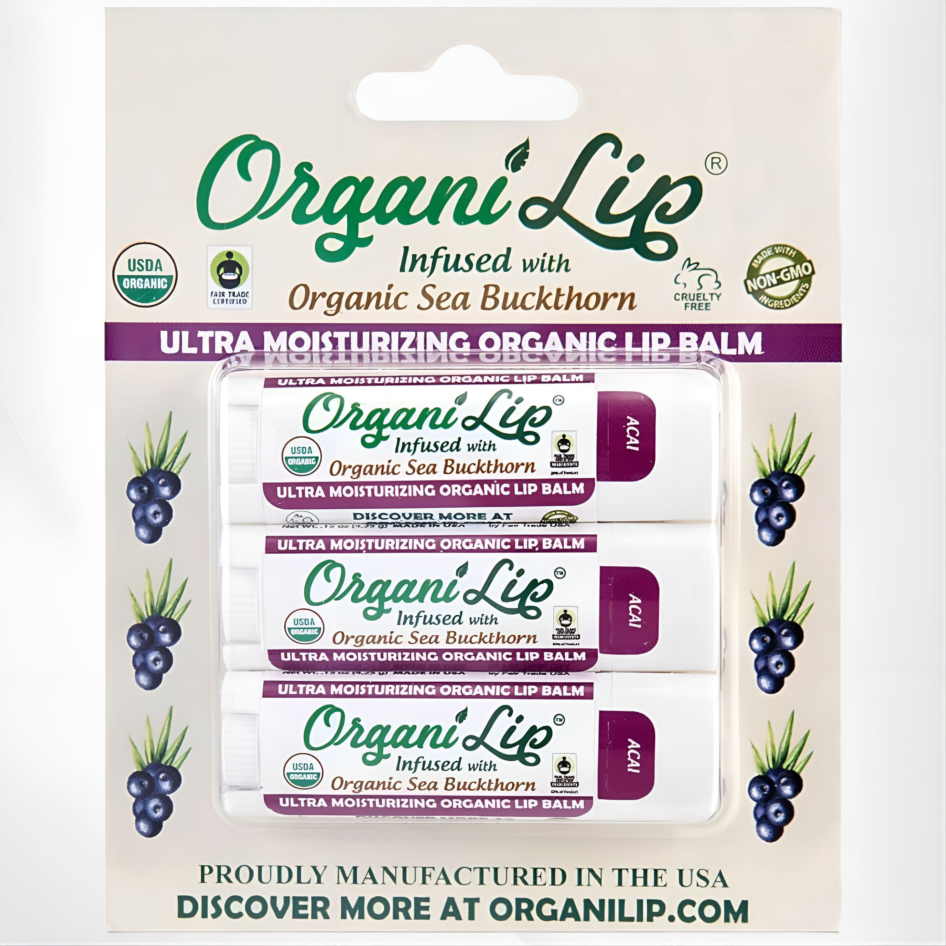 Acai Flavored Organic Lip Balm (3 Pack) USDA Certified Organic to Moisturize, So