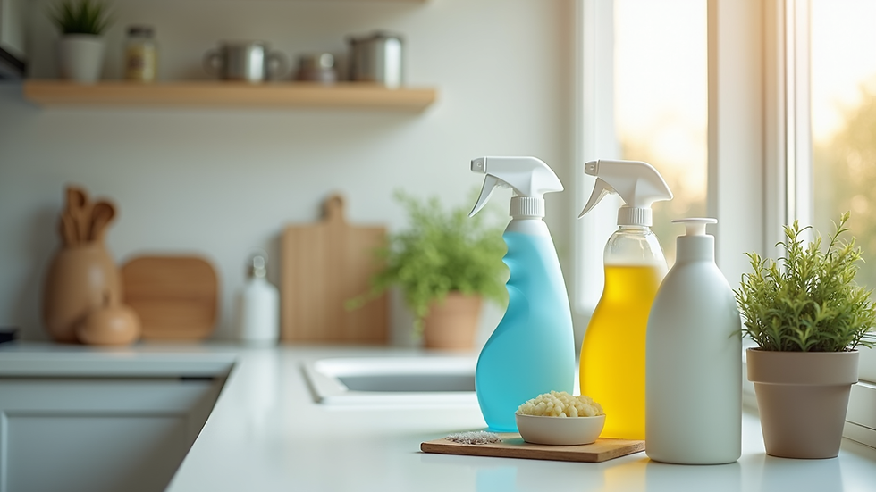 Close-up view of cleaning supplies including eco-friendly products on a kitchen counter